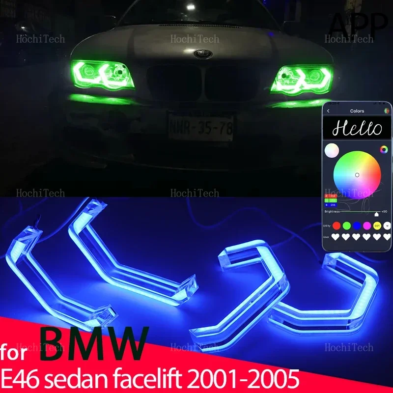 For BMW 3 Series E46 Sedan Facelift 2001-2005 M4 Style RGB Ring Angel Eyes Phone APP Control Remote LED Headlight Light Rings