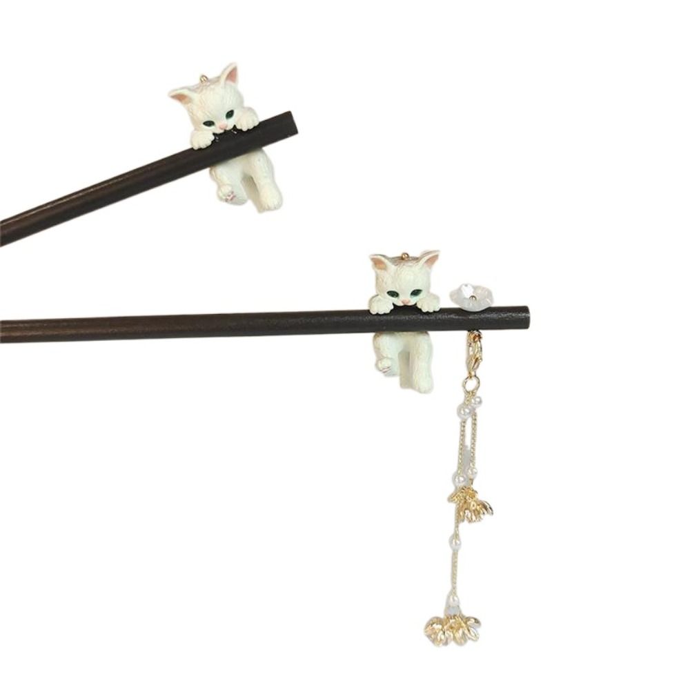 Chinese Style Black Ebony Wooden Hair Sticks Women High Quality Cute Cat Pendant Vintage Hairpin Hanfu Cheongsam Headwear