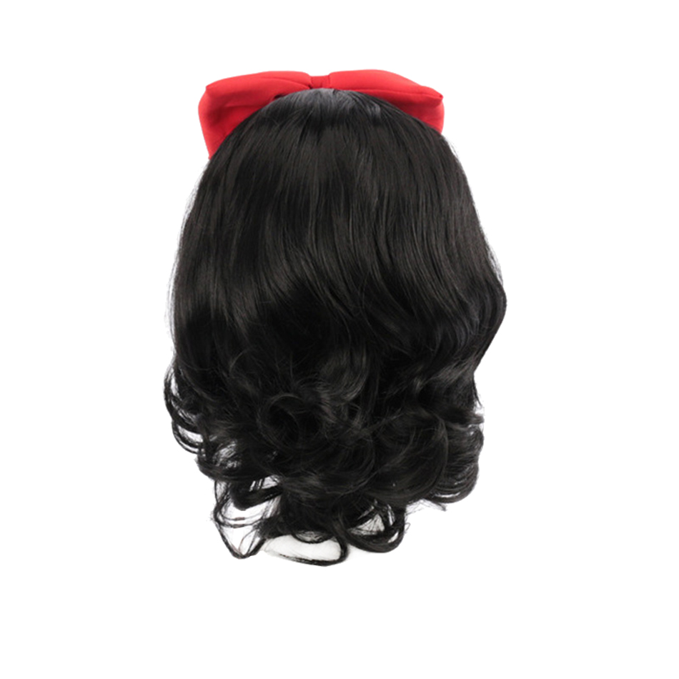 Cute Girls Snow White Dress Up Wig Girls Princess Cosplay Short Hair Black Curly Hair Wig with Red Bow Kids Role Play Props