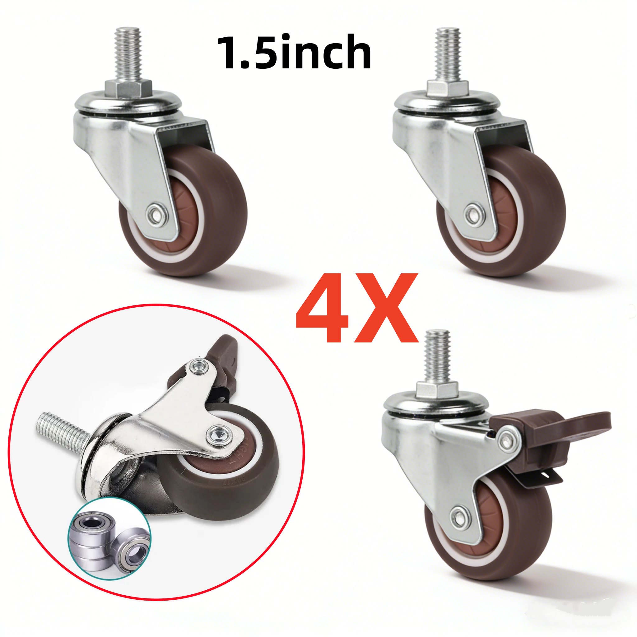 4 Pcs 1.5 Inch Universal Stem Caster Wheels TPR Screw Lever Castors Swivel Stem Wheels with M8 Thread Rods for Carts Furniture