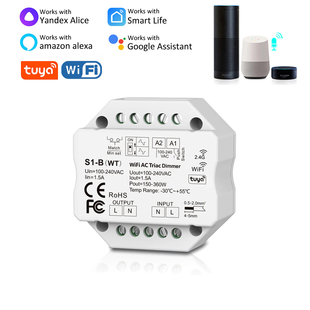 Wifi AC Traic Tuya LED Dimmer 220V 110V 230V Push Switch Smart Life APP for Bulb Light Lamp Work with Alexa Home S1-B-WT lightify