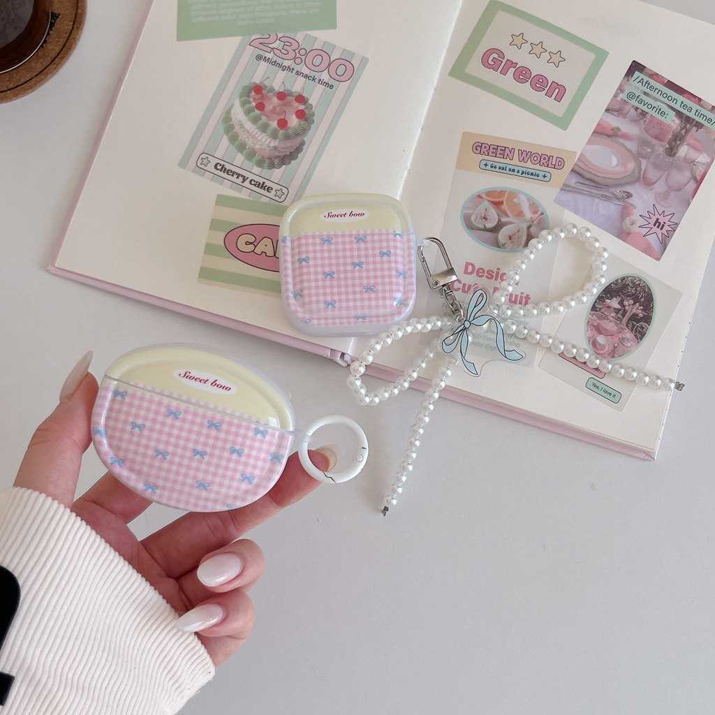 Sweet Gentle Pink Grid Splicing Bow With Pendant Earphone Cover Case for Freebuds SE2 SE3 SE4 5i 6i FreeClip 2 Pro 3
