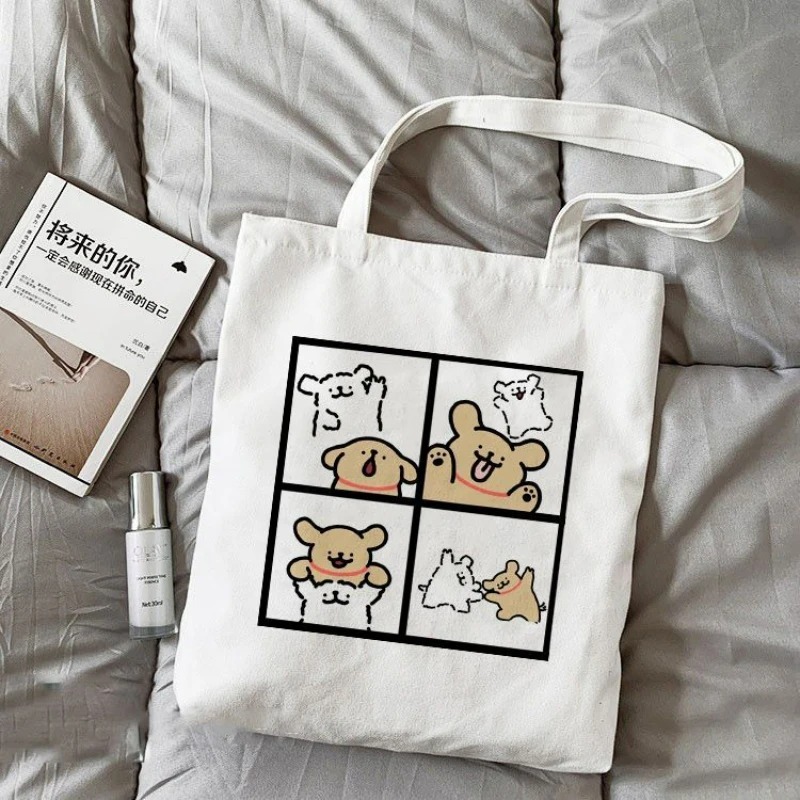 Cute Dog Cartoon Canvas Tote Handbags Kawaii Fashion Cartoon High-capacity Shopping Grocery Reusable Portable School Girls s