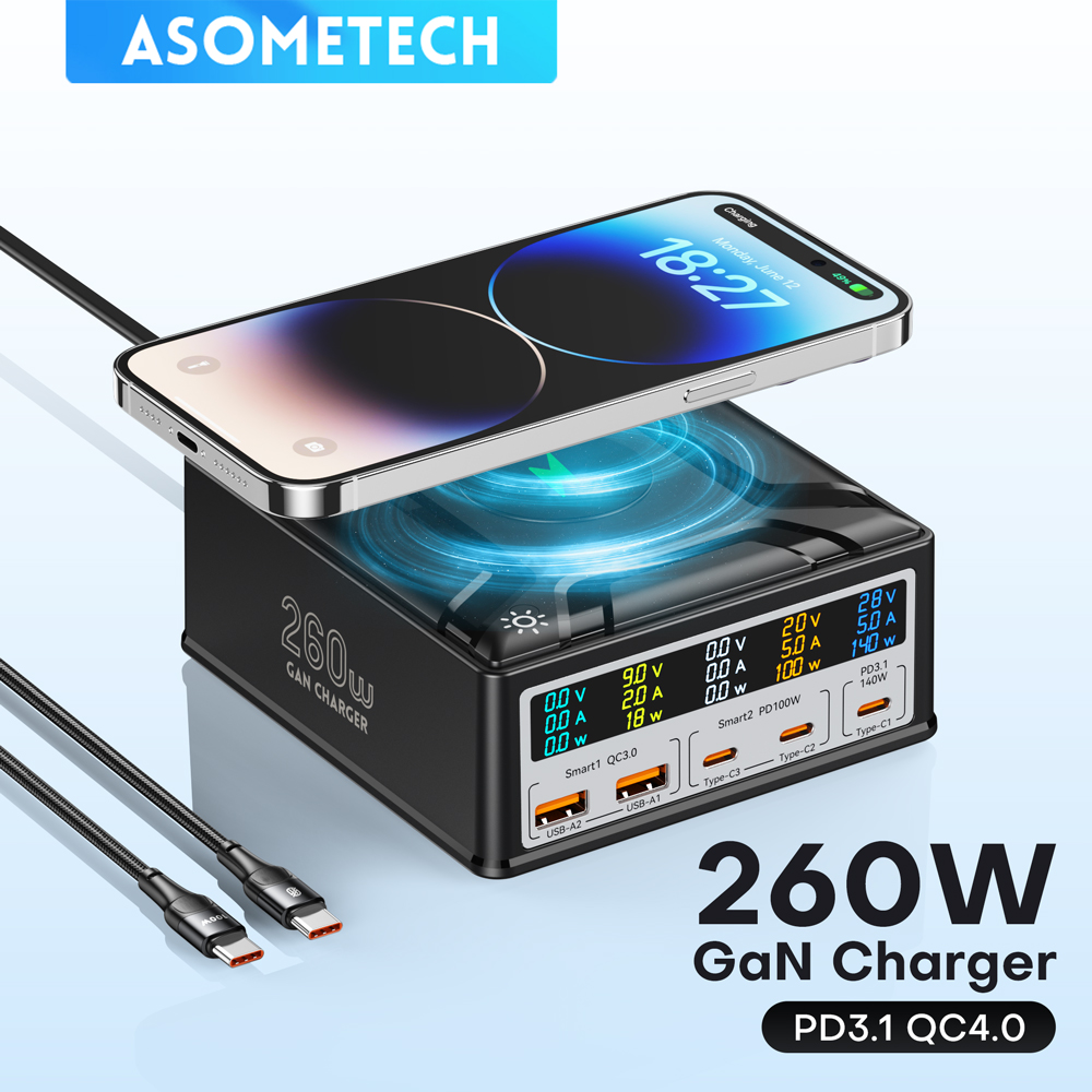 ASOMETECH 260W GaN Charger Desktop USB Type C PD 140W PPS QC Quick Charge For Laptop Tablet Phone Devices