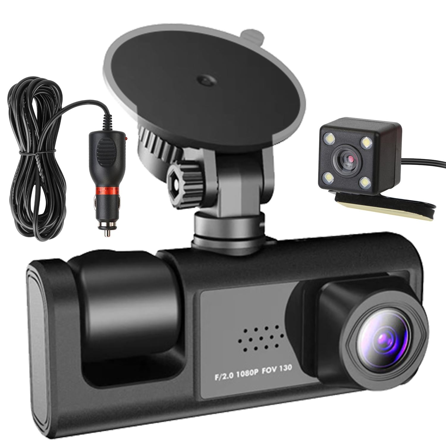 Dash Cam W/IR Night Vision Loop Recording & 2" IPS Screen 1080P 3 Camera(1Pic )