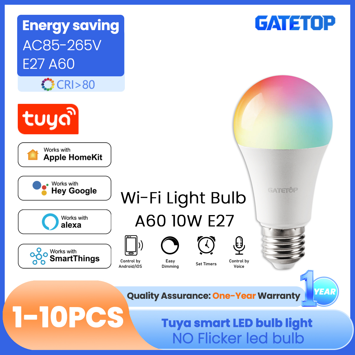 1-10PCS E27 RGB LED Bulb Tuya WIFI Dimmable Light 10W LED Lamp 2700-6500K Smart Life APP Voice with Alexa Home