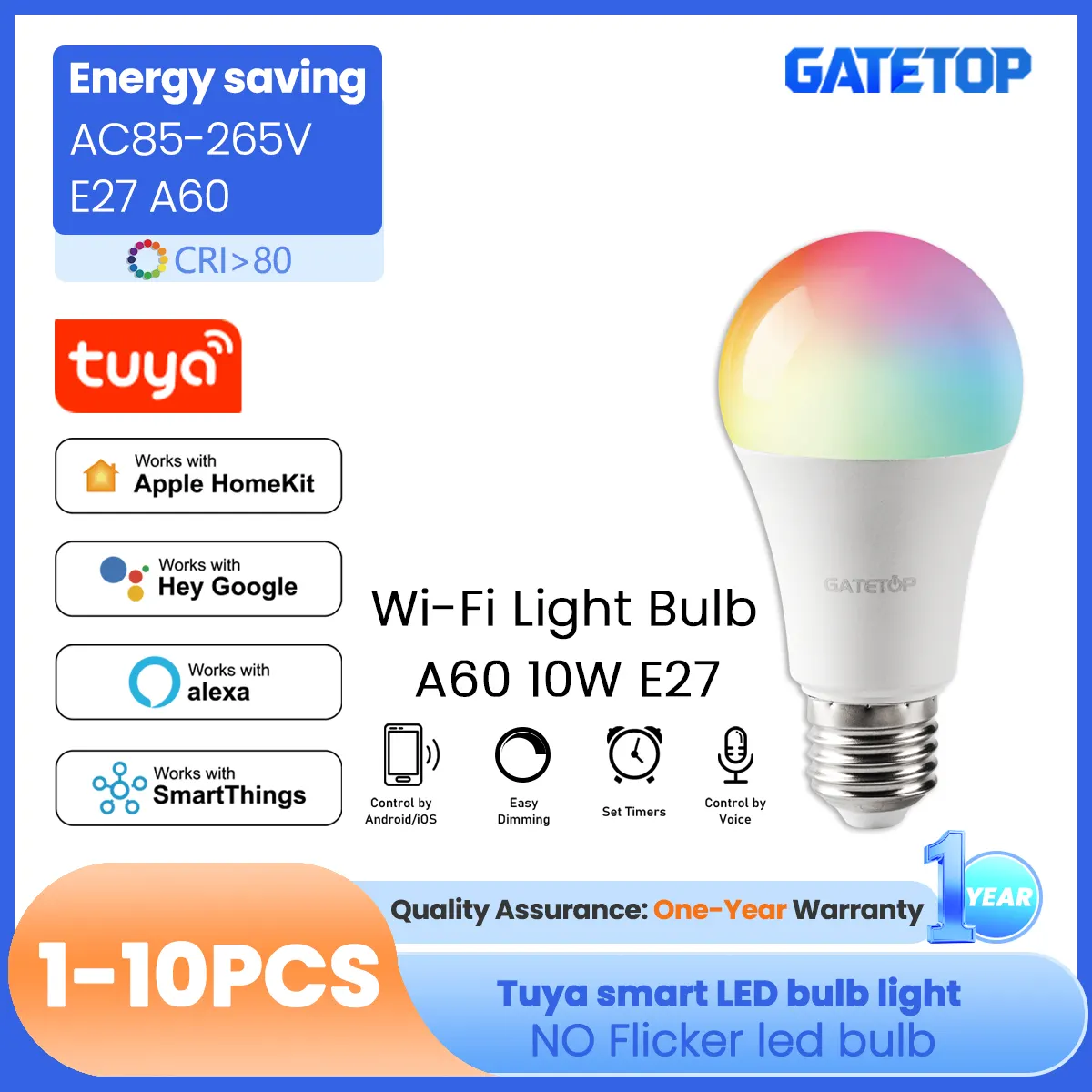 1-10PCS E27 RGB LED Bulb Tuya WIFI Dimmable Light 10W LED Lamp 2700-6500K Smart Life APP Voice with Alexa Home - image 1