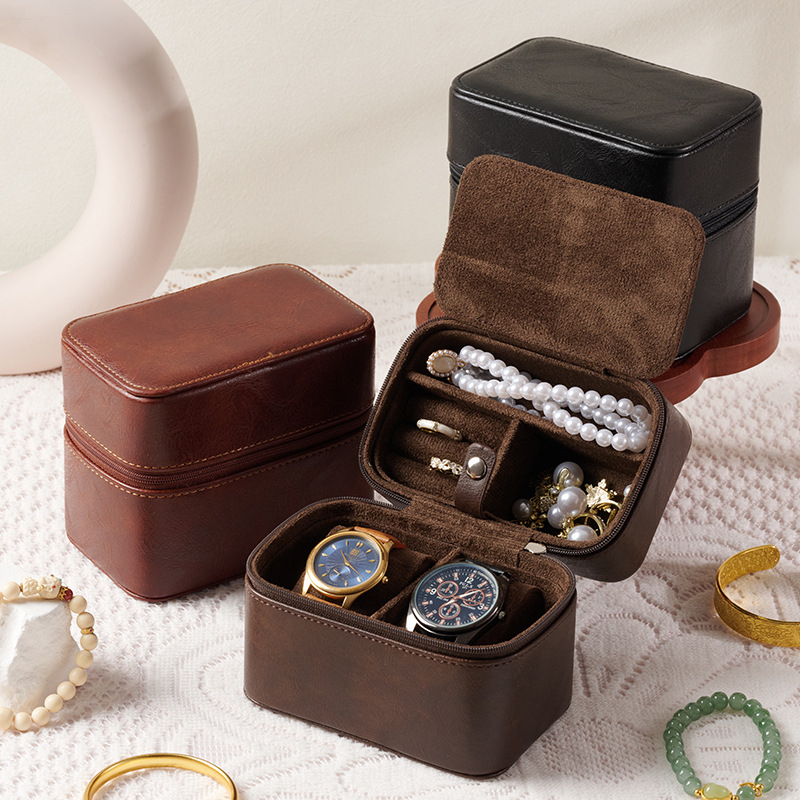 Exquisite Elegant Portable High-End Retro Style Can Accommodate Necklaces Rings Jewelry Zipper Watch Box Simple Women