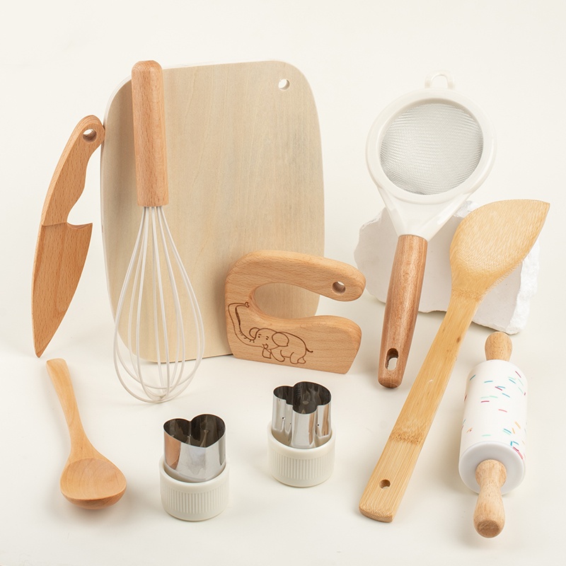Wooden Kids Safe Knife and Kids Baking Set for Real Cooking,Kids Kitchen Toy Montessori Education Tools For Boys Girls