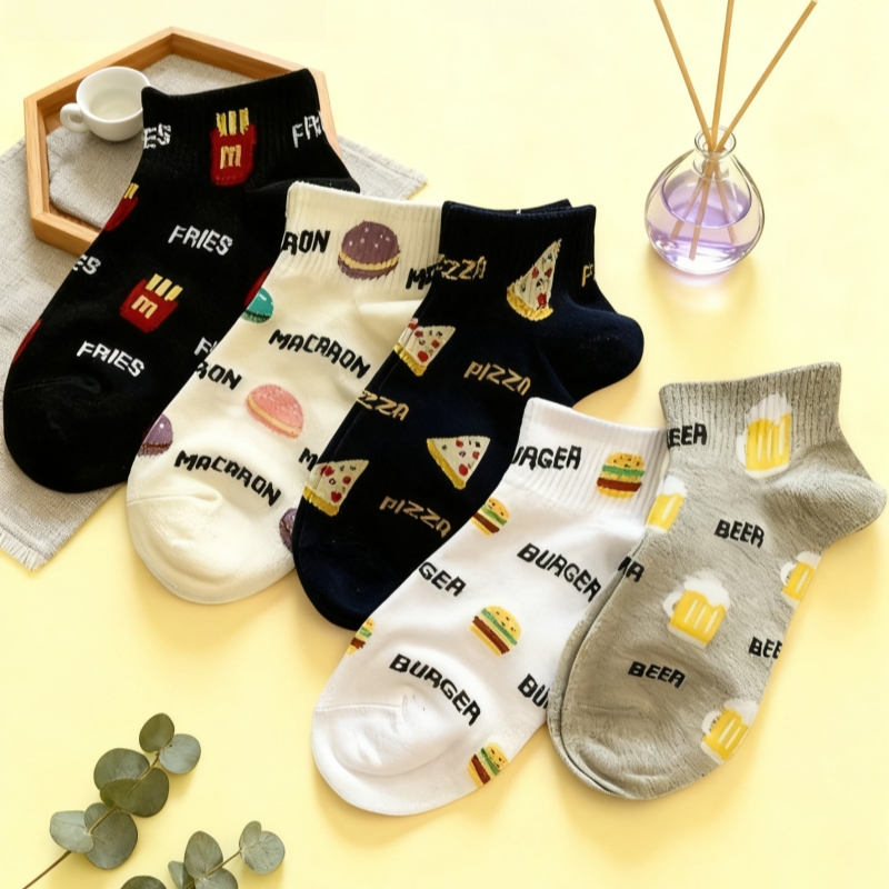 3/5 Pairs of Cute Women's Socks, with Hamburger, Pizza, and Fries Designs, Cute Girls' Ankle Socks, Thin Breathable Socks for Spring, Summer, and Autumn, Casual Socks, Sports Socks, Versatile Socks, Student Socks, Suitable for Daily Wear