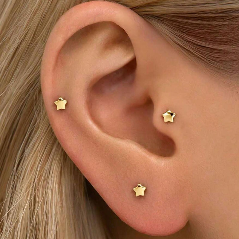 3Pcs Dainty Mini Star Stud Earrings for Women, 18K Gold Plated Small Cute Cartilage Earrings for Helix Tragus Piercing Jewelry