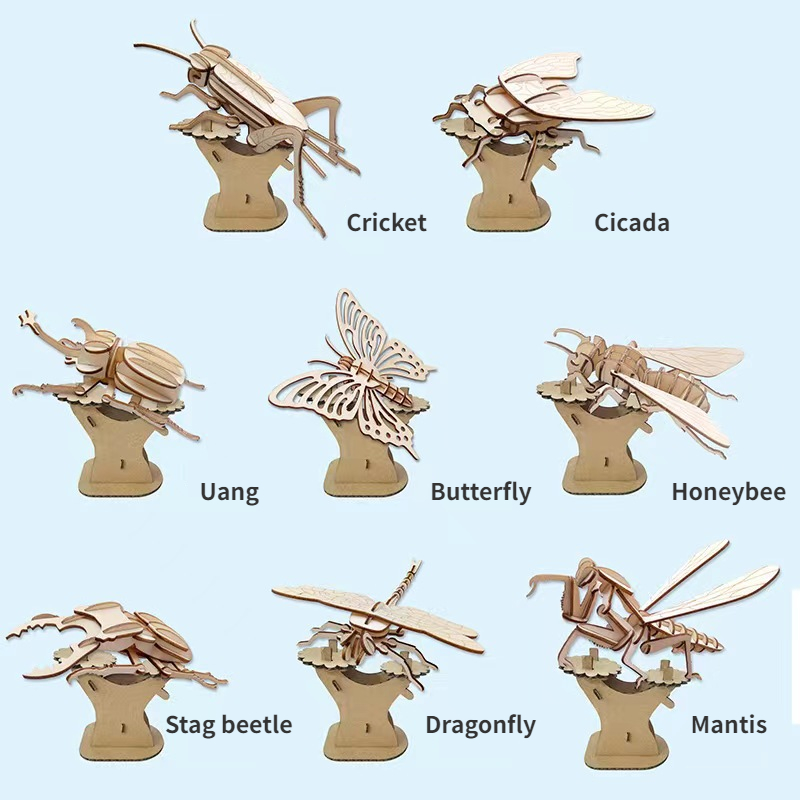 DIY Wooden Insect Puzzle Cute Children Puzzle Bee Dragonfly Butterfly Mantis 3D Wooden Kindergarten Toy Woodcraft Assembly Kit