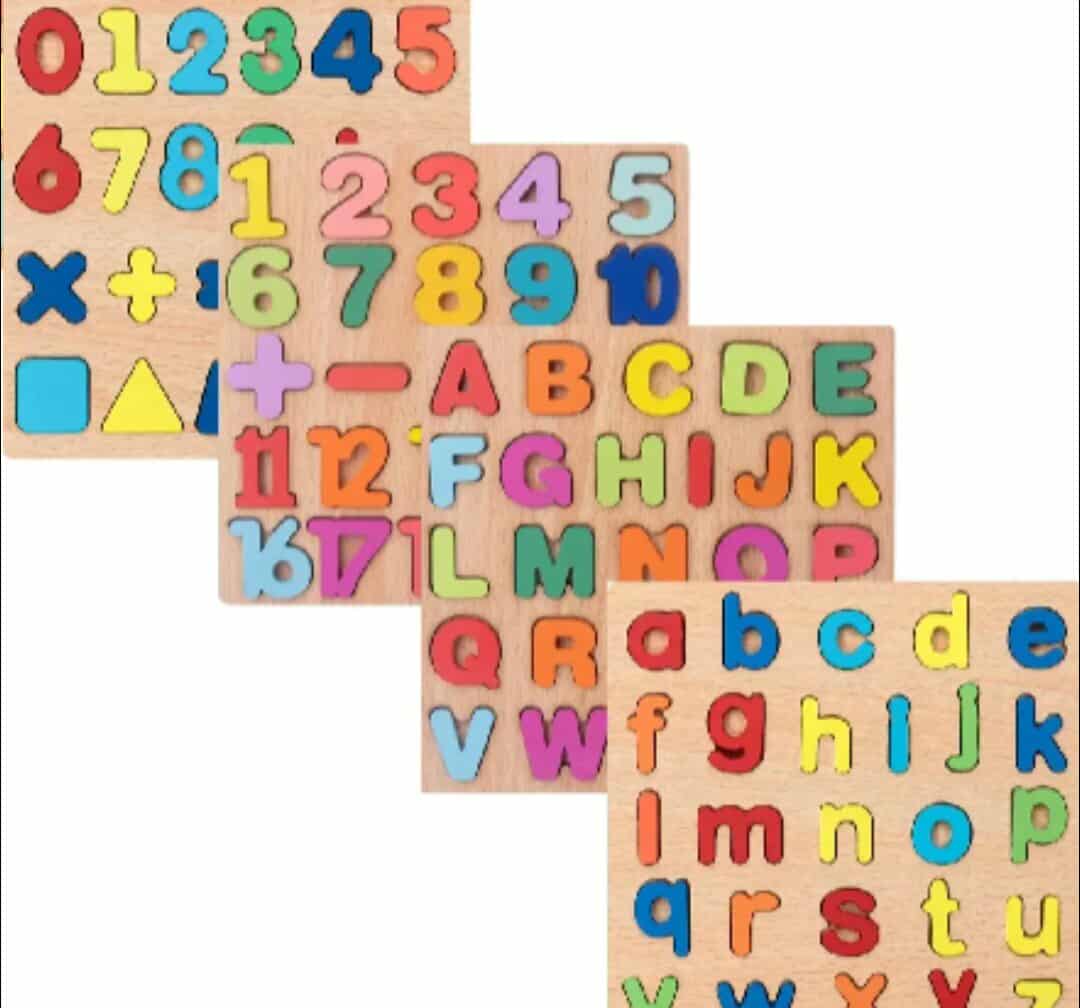 4 in 1 Educational Toys Wooden Set [4 piece - Number, Capital Alphabets, Small Alphabets, Operators]
