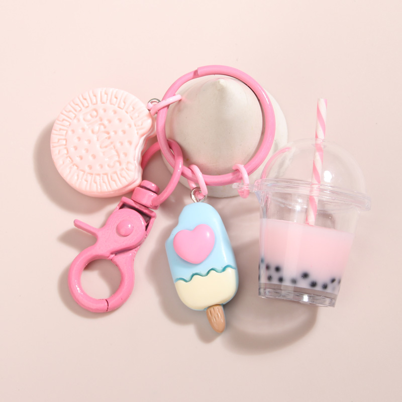 Cute Keychains Ice-cream Bubble Tea Biscuit Pink Key Rings Friendship For Best Friend Women Girl Handbag Gift Jewelry