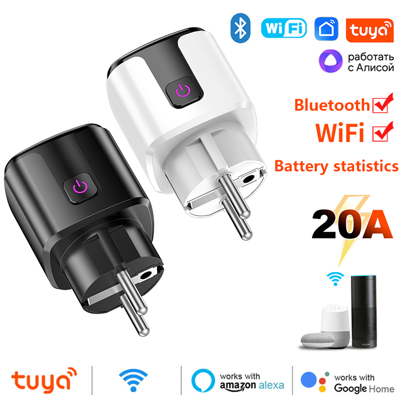 Tuya Smart EU Plug Wifi Bluetooth 20A Socket Power Monitoring Timer Outlet Compatible With Google Home Alexa Smartthings New
