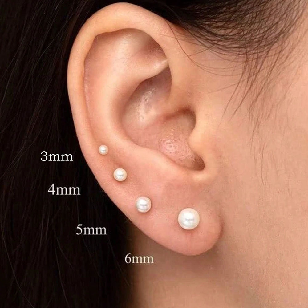 1/4Pairs Stainless Steel Screw Back Pearl Stud Earrings for Women Girl, 14K Gold Plated Flat Back Pearl Cartilage Helix Earrings