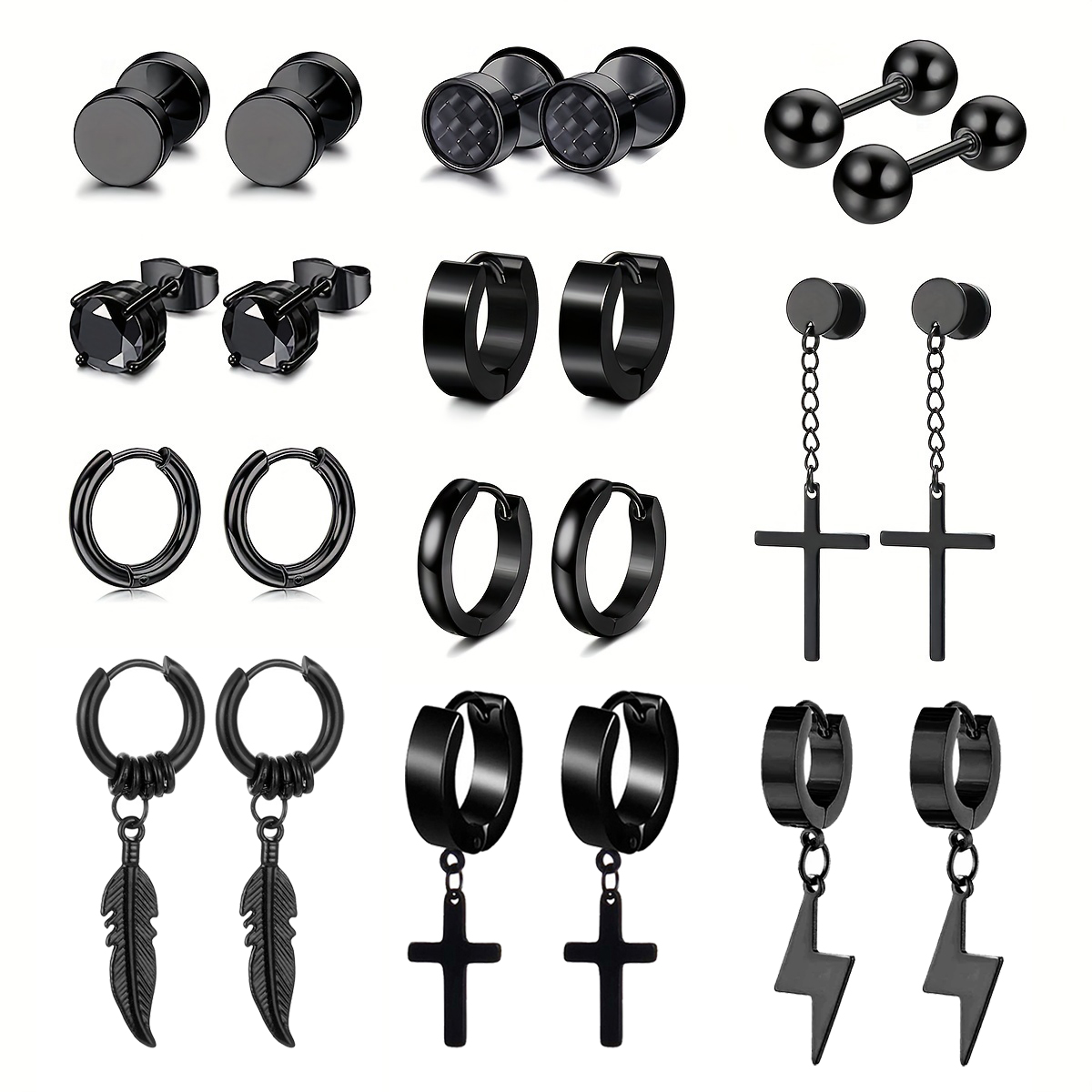 2pcs Punk Stainless Steel Minimalist Round Ball CZ Stud Earrings & Cross Feather Pendant Circle Hoop Earrings for Men Women