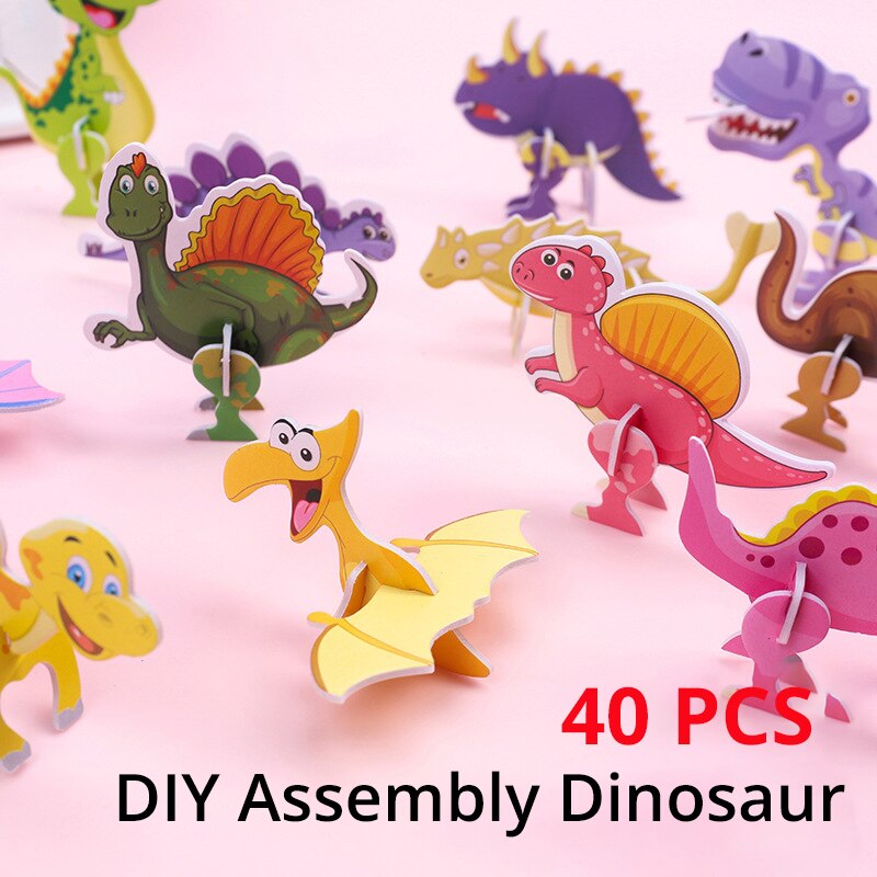 40Pcs Paper Dinosaur 3D Puzzle DIY Cute Cartoon Dinosaur Modeling Random Styles Animal Model Toy