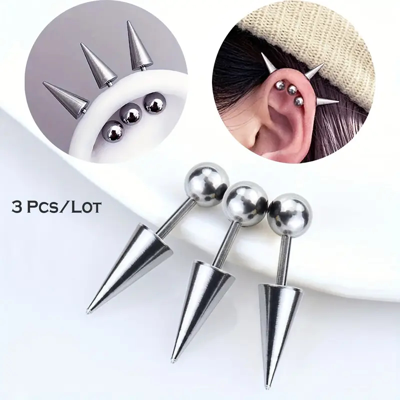 3pcs/Lot Punk Rock Stainless Steel Spike Helix Stud Earrings Devil Ear Stack Cartilage Body Piercing Jewelry Set for Men Women