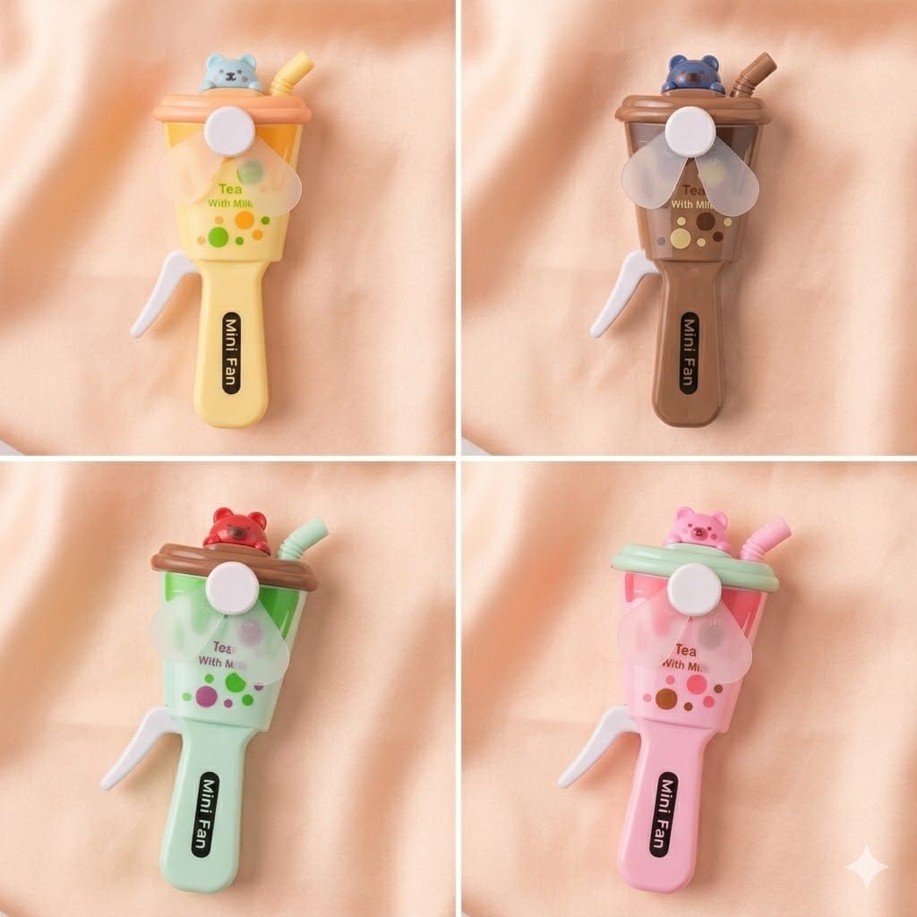 Cute Bubble Tea Hand Press Mini Fan - Portable Boba Cup Cooling Fan for Kids & Students, Cute Bear Mechanical Handheld Fan No Battery Required, Pocket Cartoon Air Cooler Toy for Summer & Travel