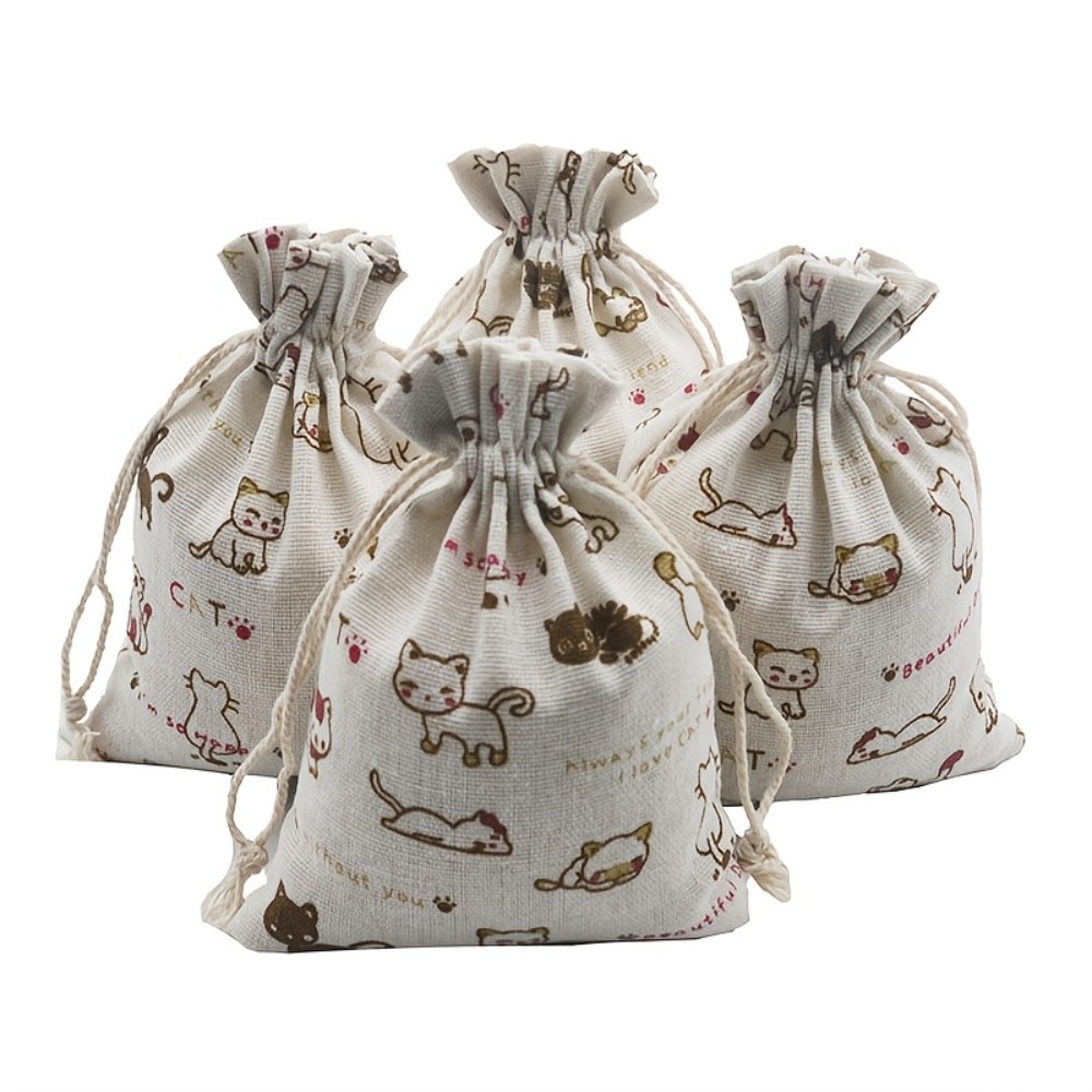 VIKAMA [6pcs] Cartoon Cute Cat Simple Print Drawstring Bags, Birthday & Wedding Party Gift Bags, Welcome Gift Packaging Decor