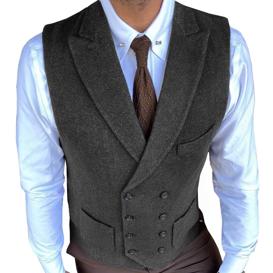 2026 New Men Vest Brown Herringbone with Lapel Waistcoat for Wedding Groom Banquet Business Casual Work Men Suit Vest