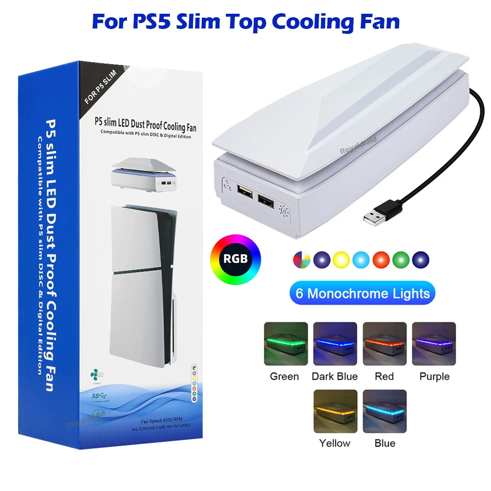 Top Cooling Fan For PS5 Slim W RGB LED Light Game Host Radiator Top Dust-proof Heat Dissipation Fan for PS5 Slim Console