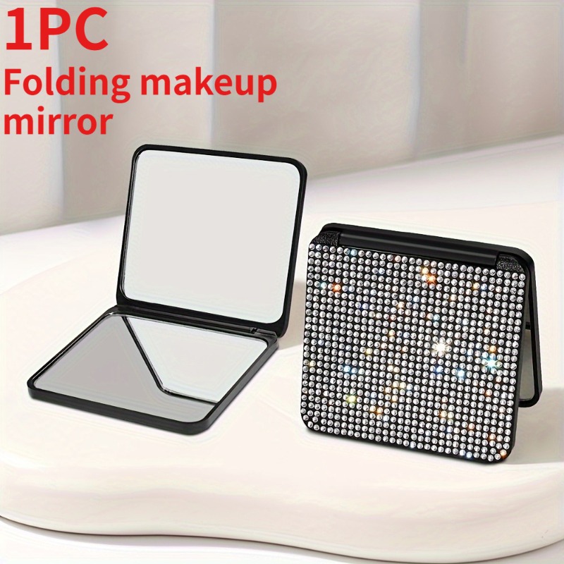 1PC Sparkling Rhinestone Portable Folding Makeup Mirror - Dual-Sided Square Design for Purses & Handbags, make up mirror