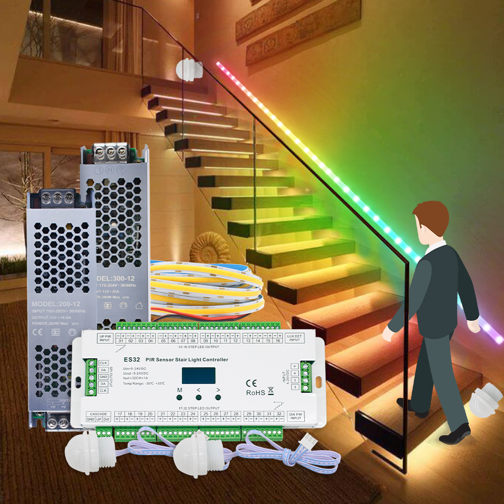 PIR Motion Sensor Light Controller ES32 12V 24V Single Color RGB Pixel Flex 5M LED Strip Infrared Step Lamp Controler for Stairs