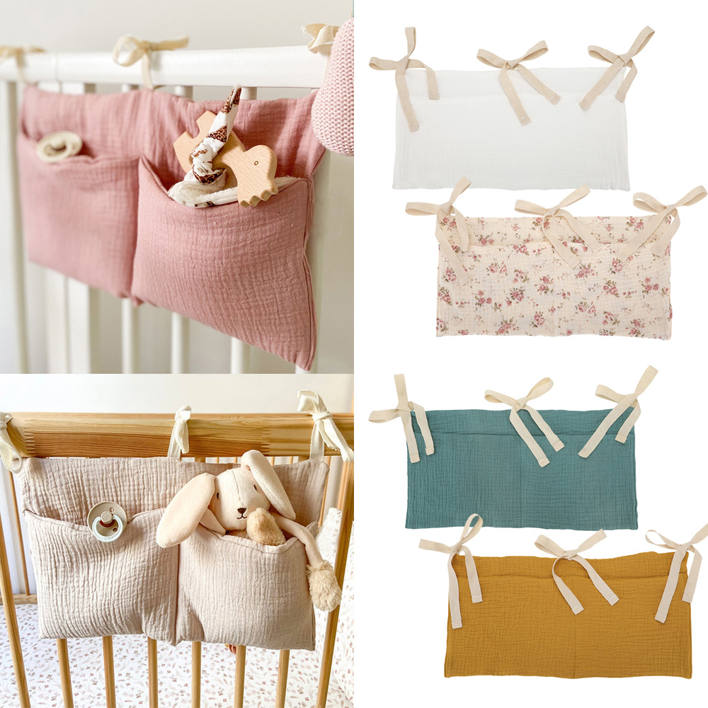 2Pcs Crib Organizer 100% Cotton Pacifier Teether Toy Book Diaper Storage Double Grid Baby Stroller Bed Hanging Bag