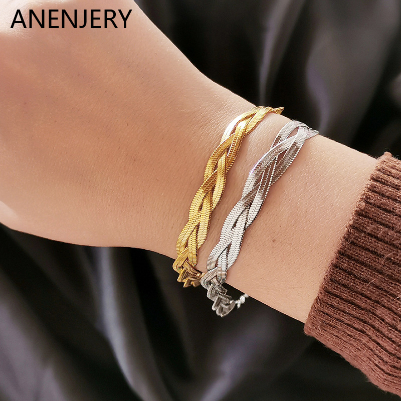 ANENJERY 316L Stainless Steel Tricolor Braided Bracelet for Women Snake Bone Chain Party Ornaments