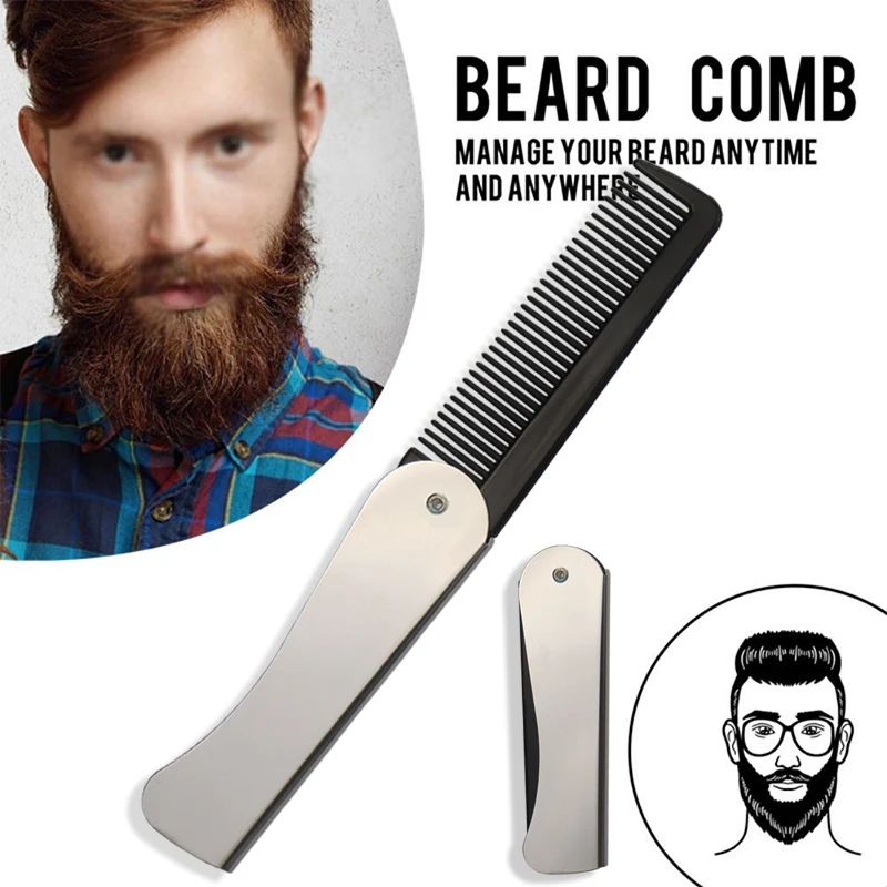 1pc Foldable Anti Static Pocket Steel Comb Men's Oil Head Portable Beard Comb Foldable Styling Tool Special for Real Hair