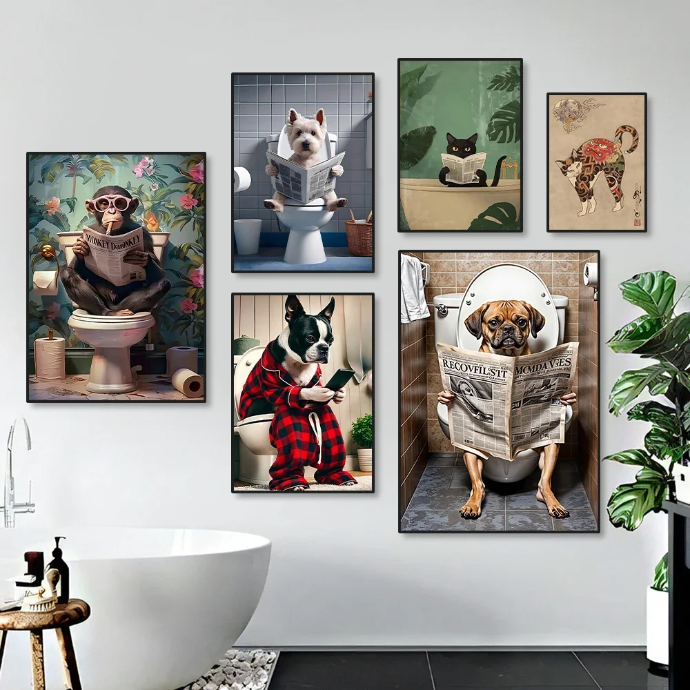 1PC Frameless Funny Animal Reading Newspaper on Toilet Poster Canvas Painting Monkey Dog Black Cat Bathroom Wall Art Home De