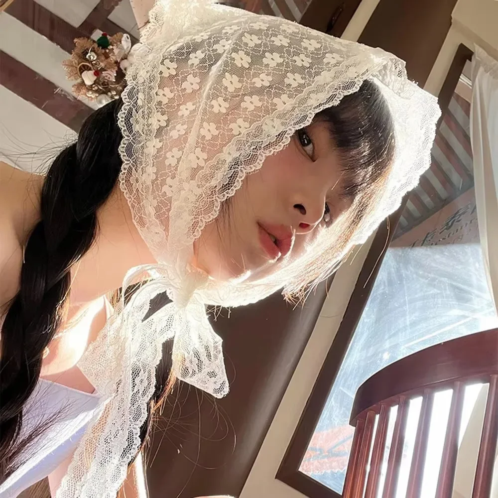 White Sweet Lace Flower Scarf Elegant Feminine Headband Thin Breathable Artistic Style Travel Accessory