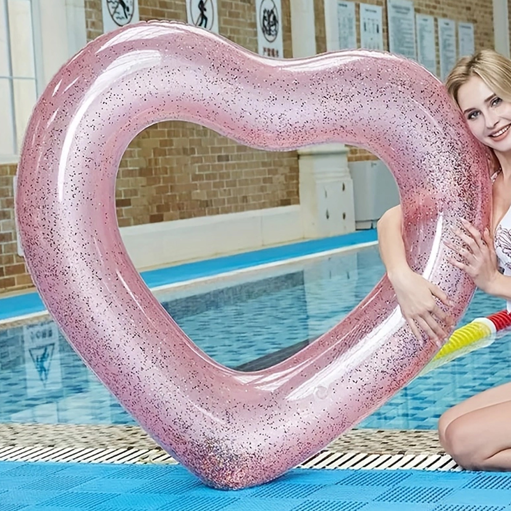 1pc Sequin Love Heart Thickened PVC Iatable Swim Circle Beach Swimming Pool Water Floating Ring