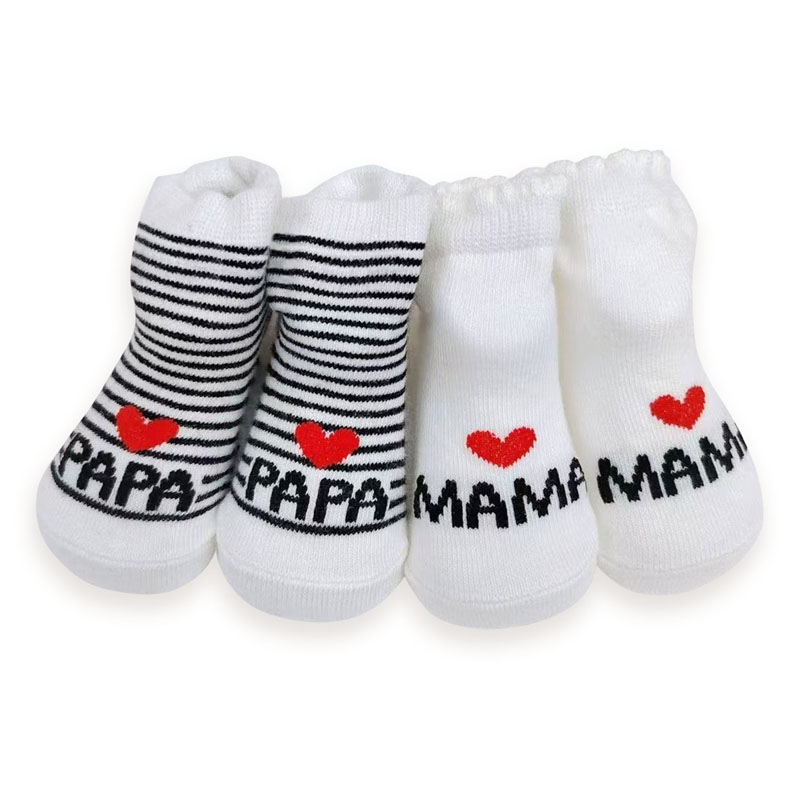 4 Pairs Baby Socks Non-Slip Floor Socks MaMa PaPa Cute Heart Pattern White Black Striped First Walkers for Toddler Boys Girls