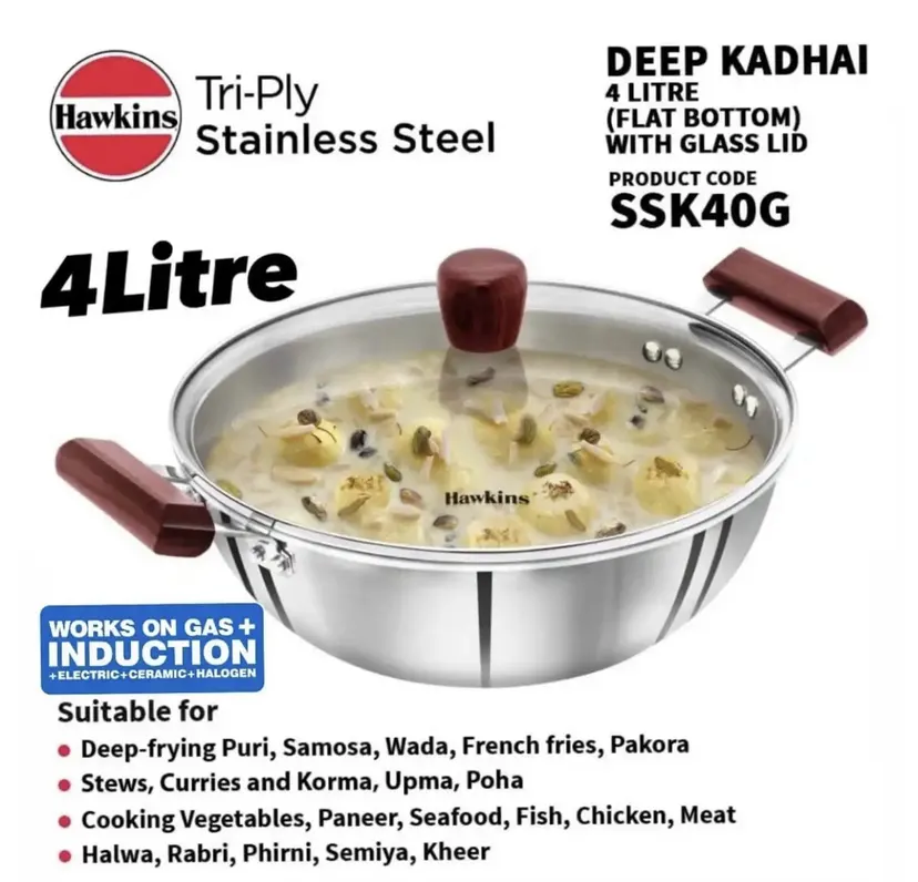 Hawkins SSK40G Tri-Ply Stainless Steel Induction Compatible Deep Kadhai -28cm / 3mm Thick