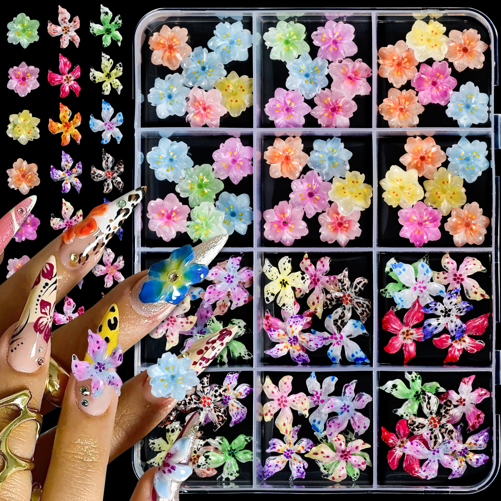 12Grids 3D Mixed Lily&Sakura Flower Nail Art Charms Colorful Spotted Hibiscus Floral Nails Decorations DIY Manicure Accessories