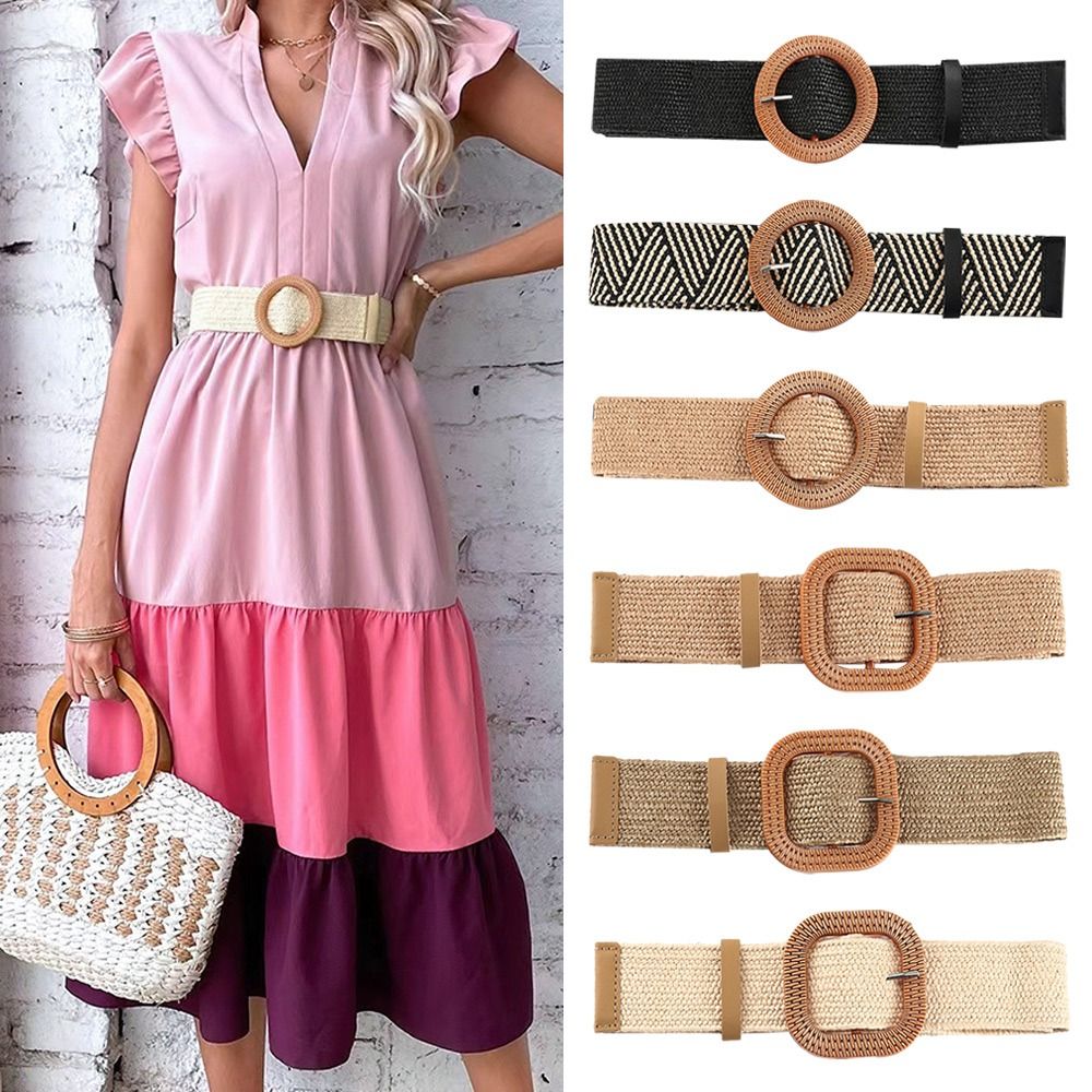 Fashion Women Straw Belt Casual Bohemian Wide Belt Summer Braided Waistbelt Buckle Elastic Female Straw Waist Belt