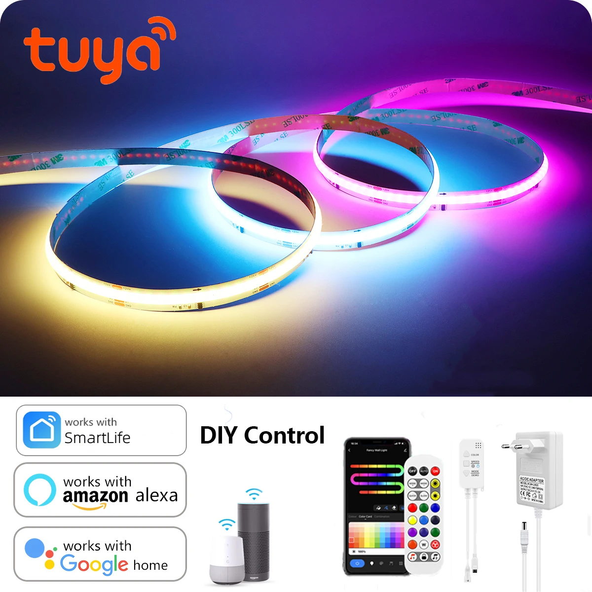 RGBIC COB LED Light Strip DC12V Flexible Tuya WIFI APP Control For Alexa ,Addressable WS2811 for Game Room Decor Lighting
