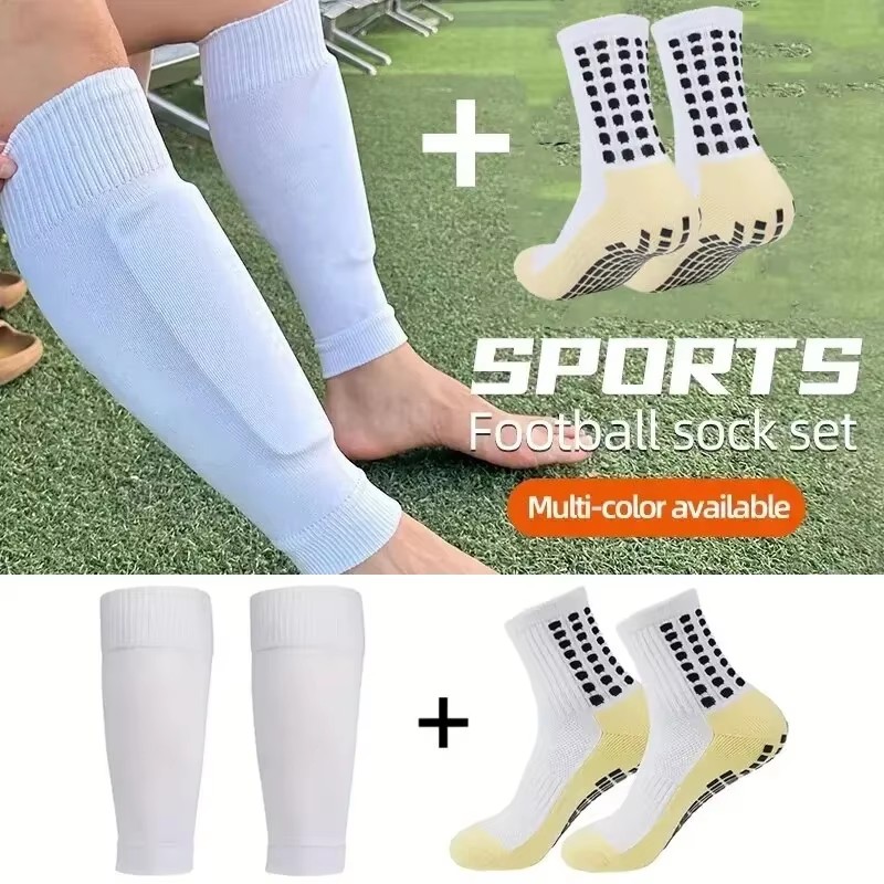 2 Pairs Set Men Grip Soccer Socks and Knee Pads Calf Sleeves Youth Non Slip Leg Shin Guards for Basketball Football Sports