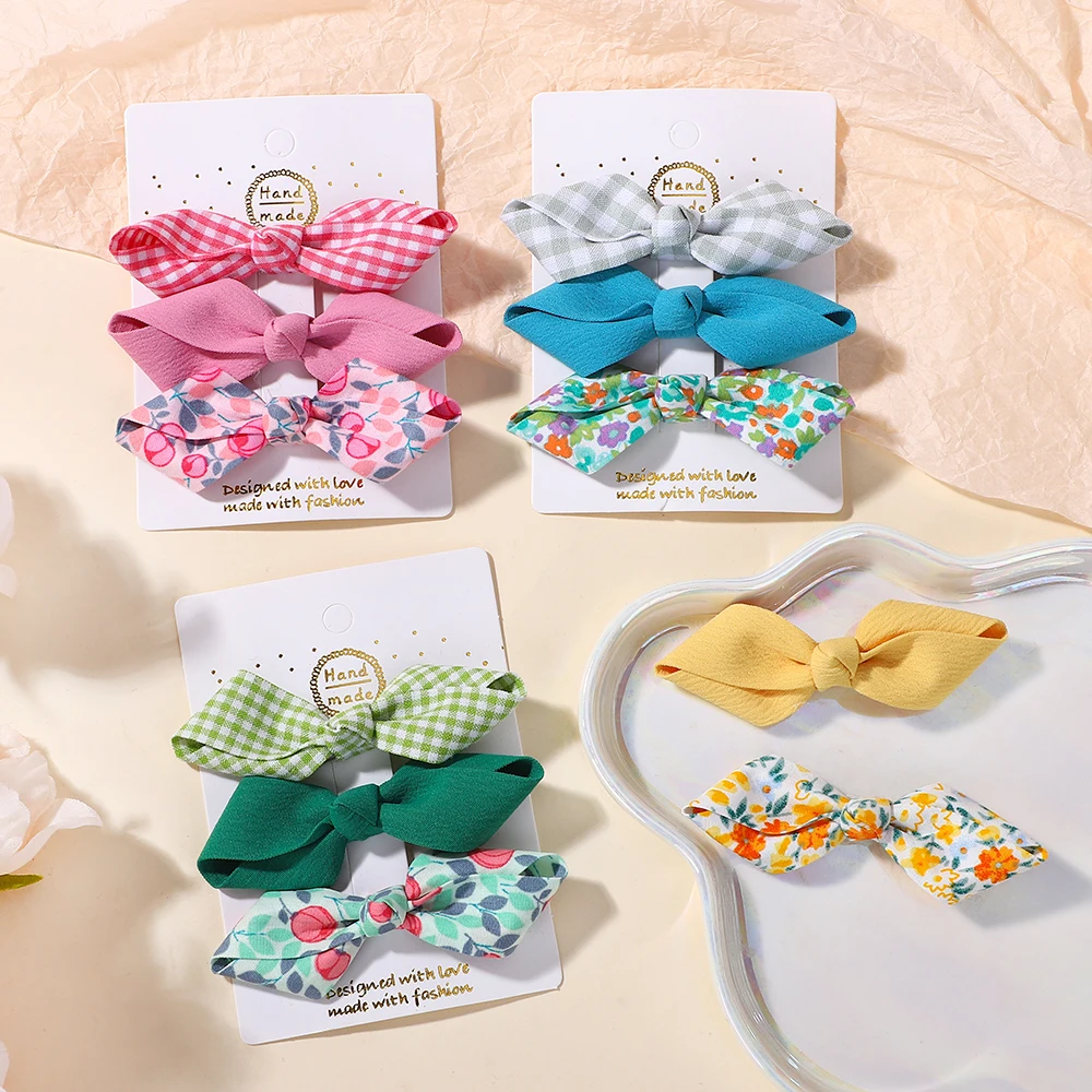 3pcs Korean Style Sweet Fabric Hair Clips for Children Plaid Floral Design Girl's BB Hairpin Cute Small Bangs Hair Clip