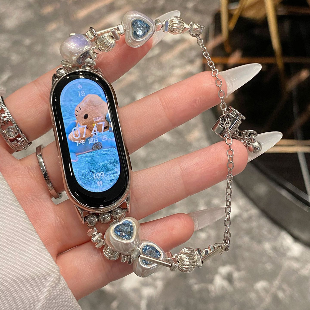 Pearl Strap for Mi Band 8 9 Correa Ladies Jewelry Wristband Bracelet Luxury Bling Diamond Metal Watchband Bracelet