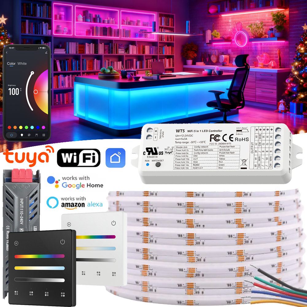 Tuya Wifi FCOB RGBCCT LED Light Strip 24V 6Pin 5in1 RGBCCT LED Strip Light Controler 4 Scene 4 Zone Touch Panel for Alexa
