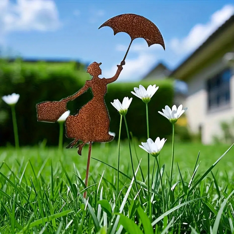 1pc Vintage Metal Garden Stake - Umbrella & Raincoat Figure Rustic Iron - Weather Resistant for Pots Flower Beds