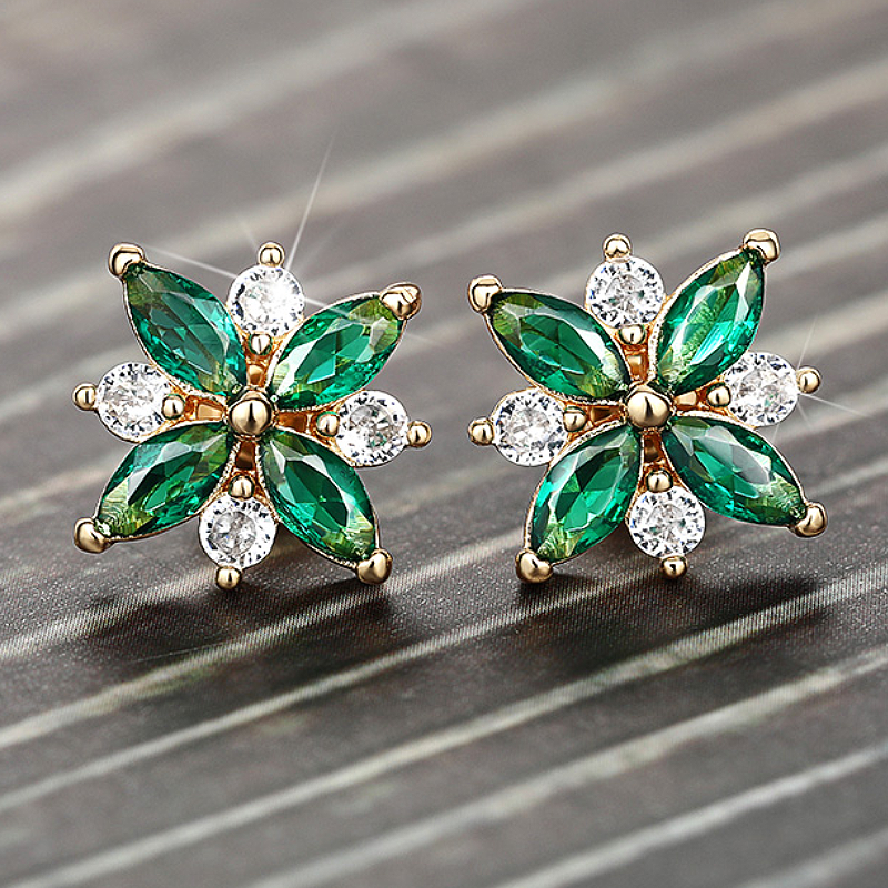 Huitan Gold Color Women Stud Earrings Flower Design with White/Green CZ for Wedding Engagement Party Sweet Cute Accessories