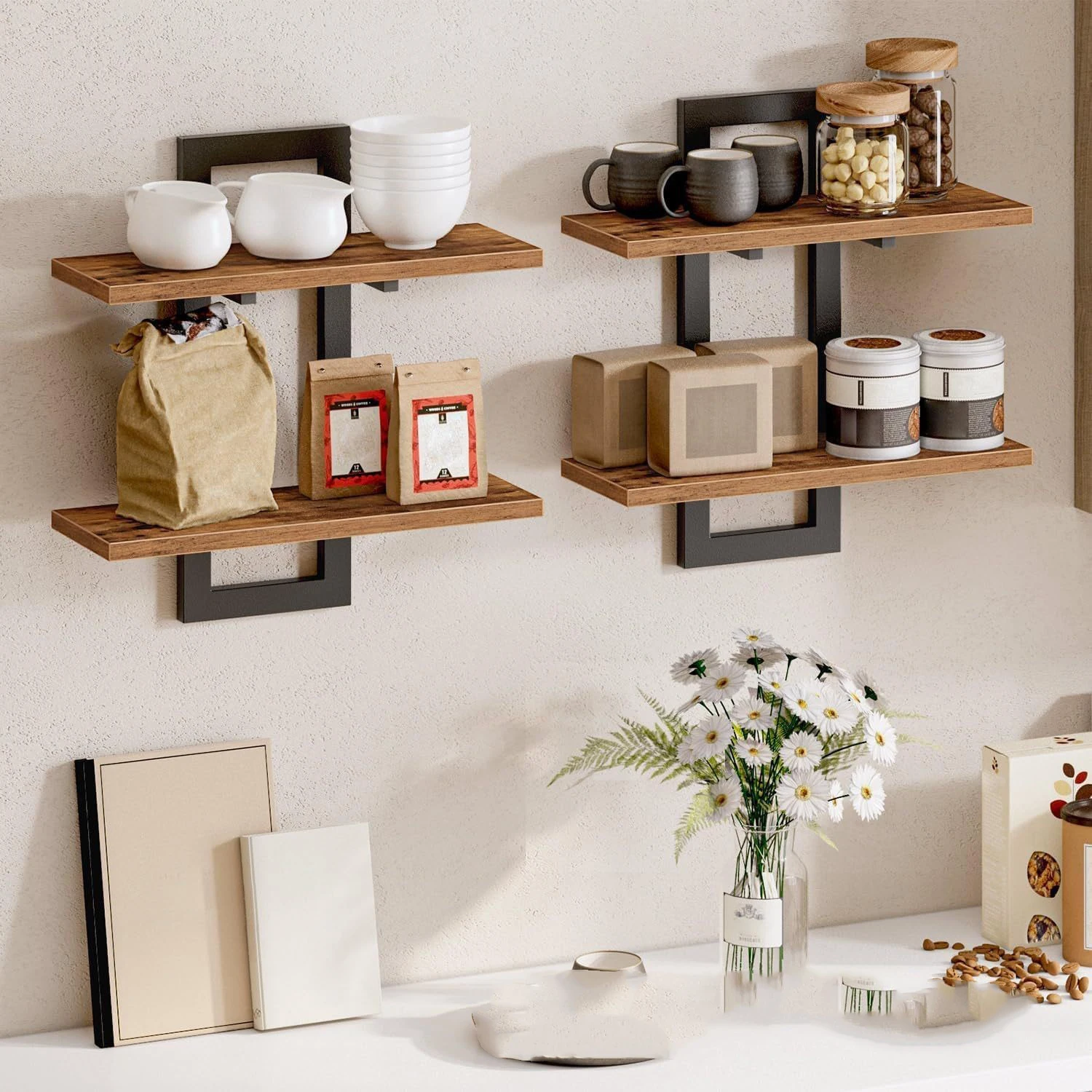 Wood Floating Wall Shelves Hanging Shelf with Metal Wall 2-layer Storage Decor Bedroom Bathroom Living Room Kitchen Organizer