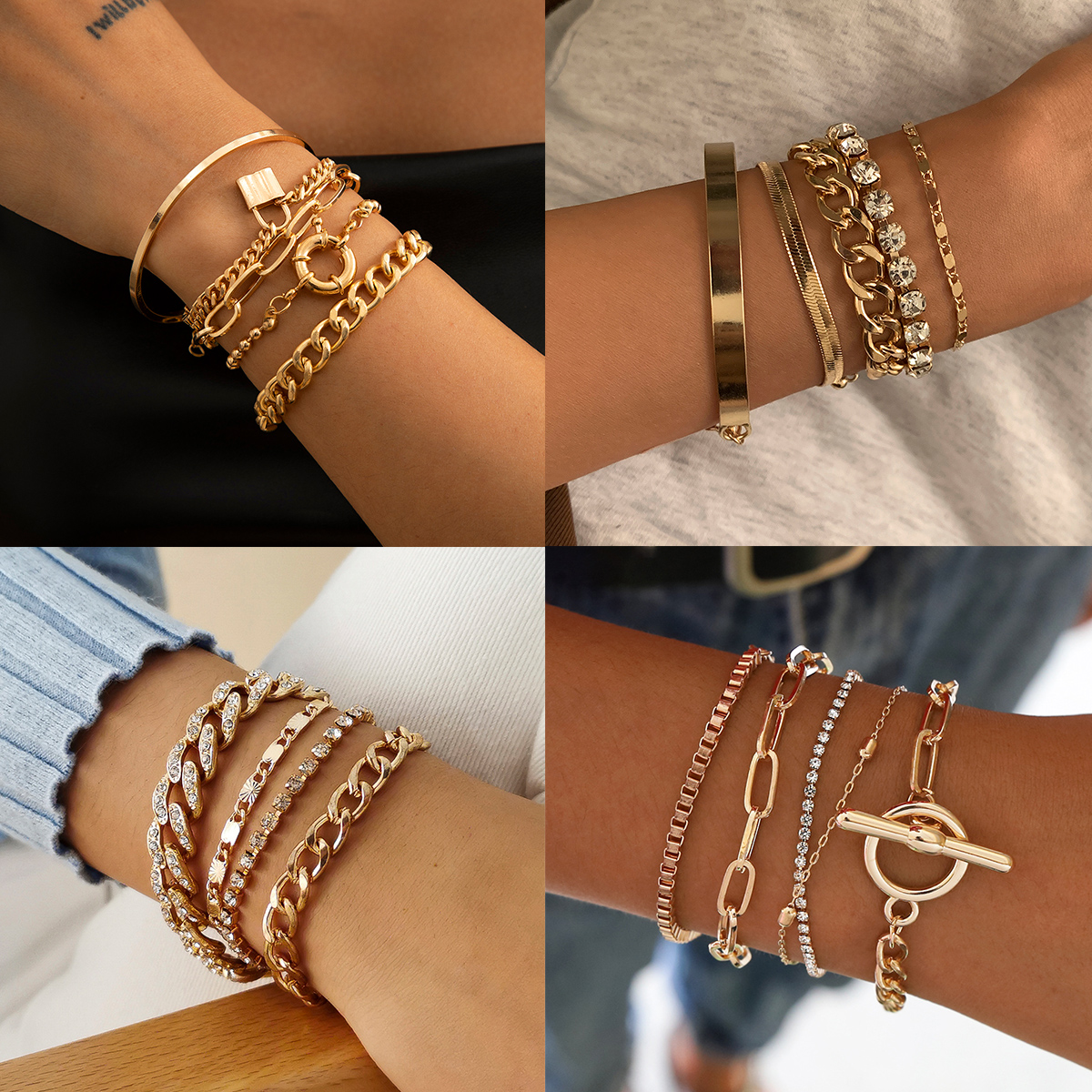 Punk Heavy Metal Rhinestone Chain Bracelets Set for Women Adjustable Crystal Pulseras Bangles Hand Jewelry Steampunk Men