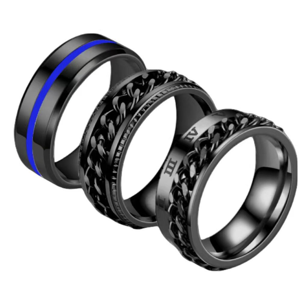 3PCS Men's Chain Decor Rings Fashionable Accessory Set for Stylish Men