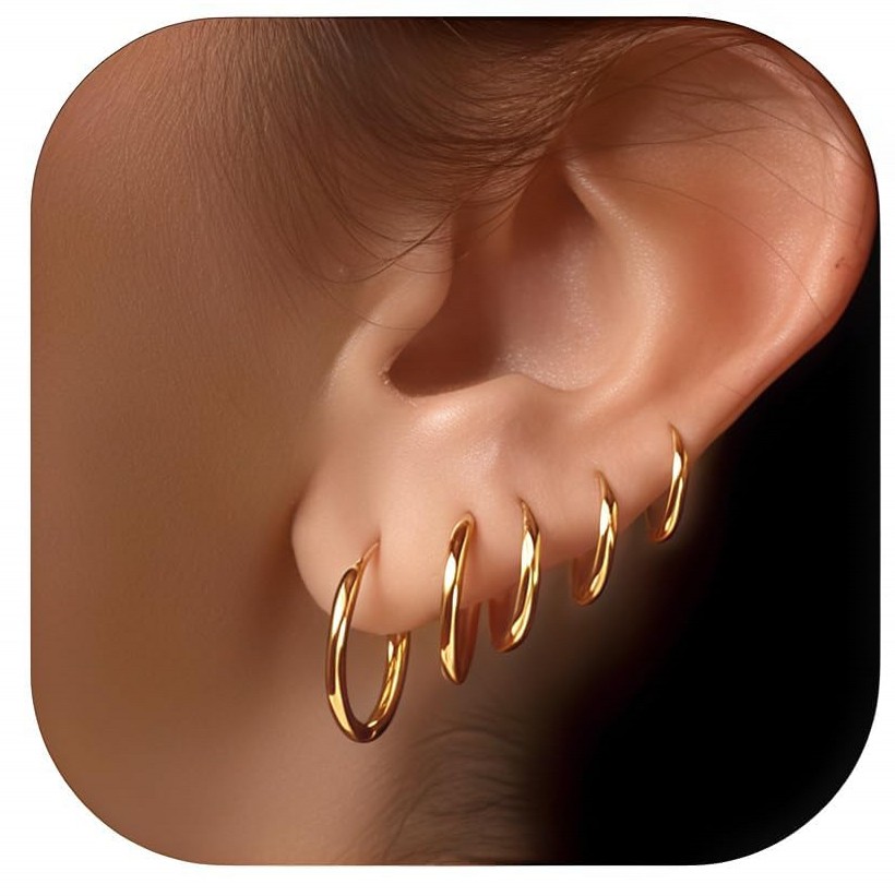 5 Pairs 14K Gold Plated Huggie Hoop Earrings for Women Men Small Hoops, Everyday Jewelry Multiple Piercing Stack Set